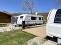 Caravan campsite with travel trailers in a row. Riva, Istanbul, Turkey - April 04, 2022