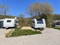 Caravan campsite with travel trailers in a row. Riva, Istanbul, Turkey - April 04, 2022