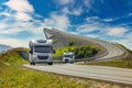 Caravan car RV travels on the highway Atlantic Ocean Road Norway Royalty Free Stock Photo