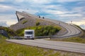 Caravan car RV travels on the highway Atlantic Ocean Road Norway Royalty Free Stock Photo