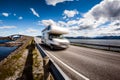 Caravan car RV travels on the highway Atlantic Ocean Road Norway Royalty Free Stock Photo