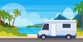 Caravan car traveling on highway recreational travel vehicle camping summer vacation concept tropical island sea beach