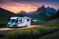 Caravan car vacation, family travel RV, camper van, holiday trip in motorhome. Royalty Free Stock Photo