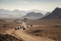 caravan crossing rocky desert terrain, with mountains in the distance