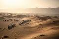 caravan crossing vast desert on ancient trade route, with sand dunes in the background