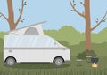 Caravan in a forest. Local camping summer vacation. Concept vector illustration.