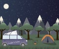 Caravan in a forest at night. Local summer vacation.