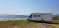 Caravan modern by the sea , swimmers, holidays in the nature outdoor by the sea