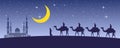 Caravan Muslim ride camel to mosque of Dubai at night full of stars and beautiful moon,the tradition of Arabian,silhouette design Royalty Free Stock Photo