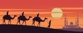 Caravan Muslim ride camel to mosque of Dubai on sunset time,the tradition of Arabian,silhouette design Royalty Free Stock Photo