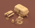 Caravan and picnic table with barbecue. Isometric camping objects and scenes, monochrome yellow camping equipment on brown