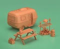 Caravan and picnic table with barbecue. Isometric camping objects and scenes, monochrome yellow camping equipment on green