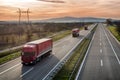 Caravan of Red Lorry trucks on highway