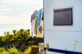 Caravan on sea with clothes to dry Royalty Free Stock Photo