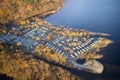 Caravan site island park at lake water edge aerial view closed during winter season at Loch Lomond Scotland UK