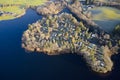 Caravan site park aerial view illuminated by summer sun on Scottish coastal ocean sea island in the highlands Scotland UK