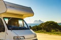 Caravan on spanish coast, Gibraltar rock on horizon