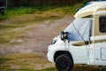 Caravan with thermal screen blind and leveling system Royalty Free Stock Photo
