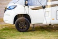 Caravan with thermal screen blind and leveling system Royalty Free Stock Photo