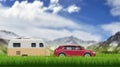 Caravan trailer on the mountain landscape vector background Royalty Free Stock Photo