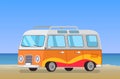 Caravan Trailer Travelling Bus Coastline Backdrop