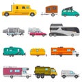 Caravan vector camping trailer and rv caravanning vehicle for traveling or journey illustration transportable set of Royalty Free Stock Photo