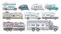 Caravan vector rv camping trailer and caravanning vehicle for traveling or journey illustration transportable set of Royalty Free Stock Photo