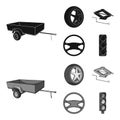 Caravan, wheel with tire cover, mechanical jack, steering wheel, Car set collection icons in black,monochrom style