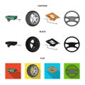 Caravan, wheel with tire cover, mechanical jack, steering wheel, Car set collection icons in cartoon,black,flat style Royalty Free Stock Photo
