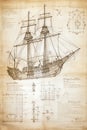 Caravel, sailing ship sketch. Technical drawing. Exploration and discovery concept. Nautical poster artwork design. Generative Ai