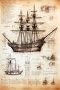 Caravel, sailing ship sketch. Technical drawing. Exploration and discovery concept. Nautical poster artwork design. Generative Ai