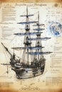 Caravel, sailing ship sketch. Technical drawing. Exploration and discovery concept. Nautical poster artwork design. Generative Ai