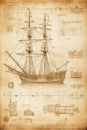 Caravel, sailing ship sketch. Technical drawing. Exploration and discovery concept. Nautical poster artwork design. Generative Ai