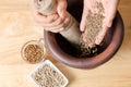 Caraway seed pounding in mortar