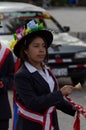 Caraz, Peru, July 19, 2010: portrait of happy young girl with typical andean carnival costume and bell in hand in popular Royalty Free Stock Photo