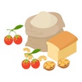 Carb food icon isometric vector. Flour bag loaf of bread walnut and goji berry