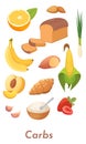 Carb food set. Vector carbs icons collection. Diet, delicious meal from carbohydrate group. Royalty Free Stock Photo