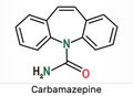Carbamazepine, CBZ, C15H12N2O molecule. It is anticonvulsant and analgesic drug, used in therapy of epilepsy and trigeminal
