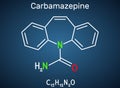 Carbamazepine, CBZ, C15H12N2O molecule. It is anticonvulsant and analgesic drug, used in therapy of epilepsy and trigeminal