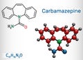 Carbamazepine, CBZ, C15H12N2O molecule. It is anticonvulsant and analgesic drug, used in therapy of epilepsy and trigeminal