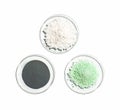 Carbamide, Ferrous Sulfate and Zinc Powder in Chemical Watch Glass. Close up chemical ingredient on white laboratory table. Top