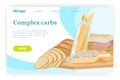 Carbohydrate food concept. Pasta, wheat bread, whole grain, seeds, potato, carbs diet. Vector web site design template Royalty Free Stock Photo