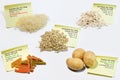 Carbohydrate foods such as rice, oat flakes, buckwheat, legume pasta and potatoes with their nutrients written on post-it notes, Royalty Free Stock Photo