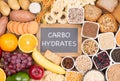 Carbohydrates food sources, top view on a table Royalty Free Stock Photo