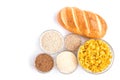 Carbohydrates of loaf and groats. Pasta, lentil, buckwheat, wheat and bean Royalty Free Stock Photo