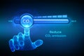 Carbon dioxide emissions control concept. Reduce CO2 level. Wireframe hand is pulling to the minimum position carbon dioxide