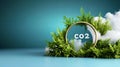 Carbon emission concept with greenery and circular frame on blue background Royalty Free Stock Photo
