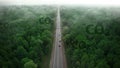 Carbon free concept. Forest protect world from CO2 dioxide pollute emission. A lonely road in the forest among the