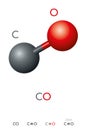 Carbon monoxide, CO, molecule model and chemical formula