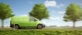 Carbon-neutral delivery with a green van driving on a country road with green trees Royalty Free Stock Photo